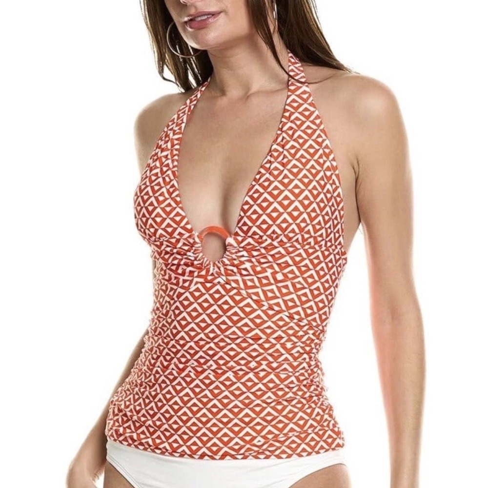 Carmen Marc Valvo Papaya Geometric Halter Tankini Top XS NEW